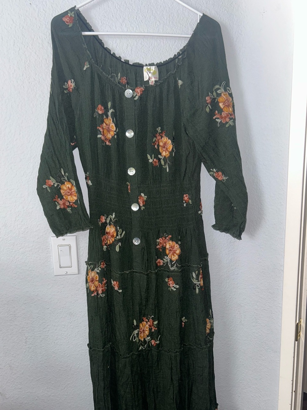 Floral Button-Front Midi Dress in Dark Green